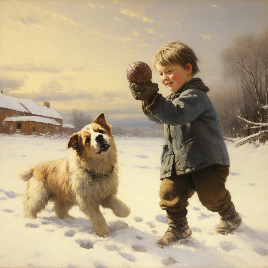 Boy and Australian Shepherd playing in the snow