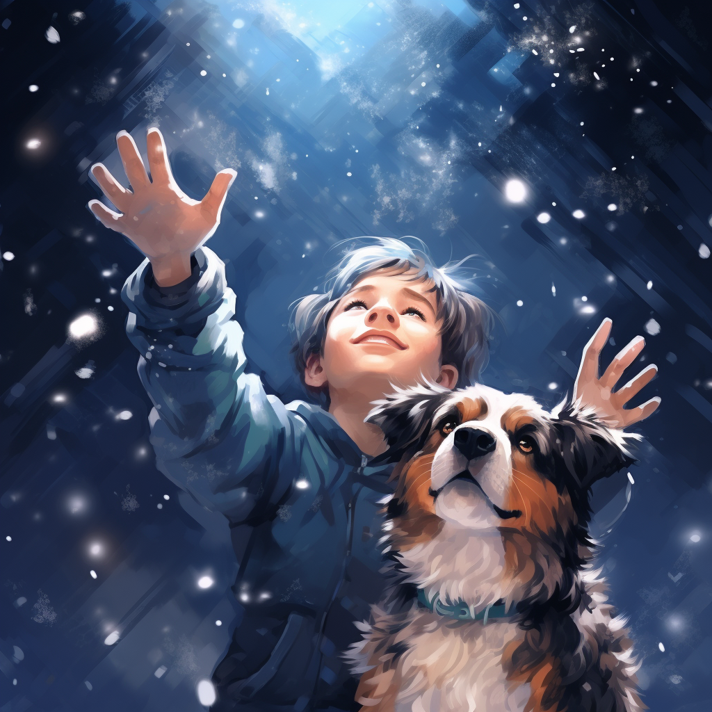 Boy and Australian Shepherd Waving Goodbye with Snowflakes