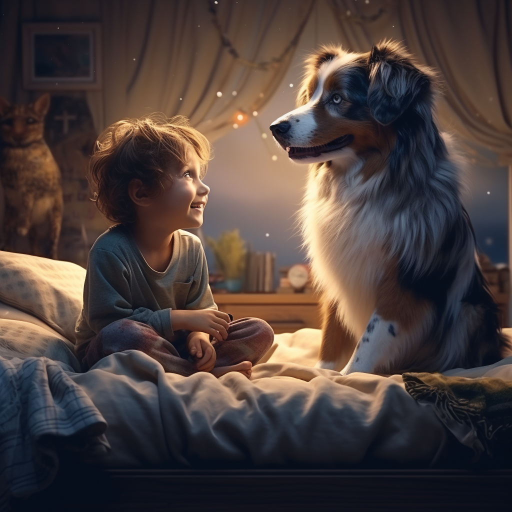 Boy and Australian Shepherd waking up in a decorated living room