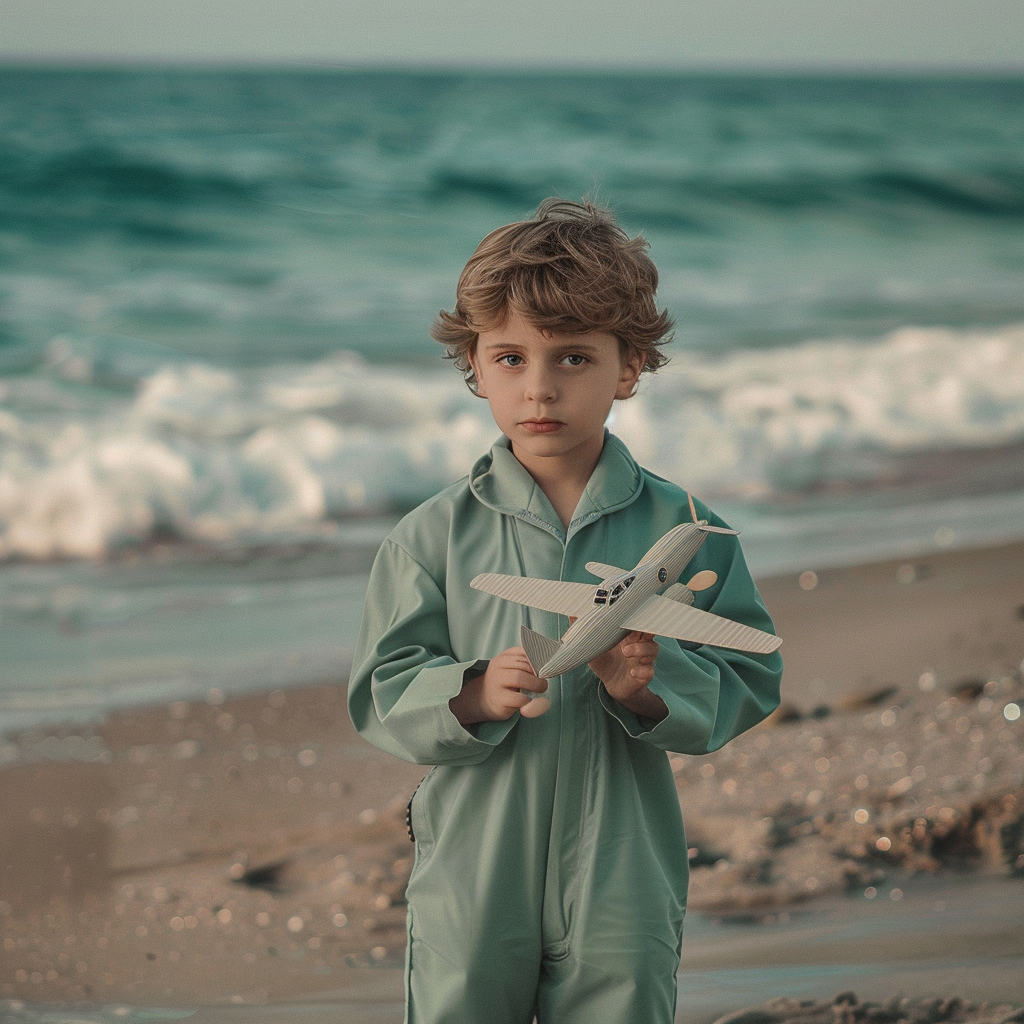 Boy with model airplane on beach