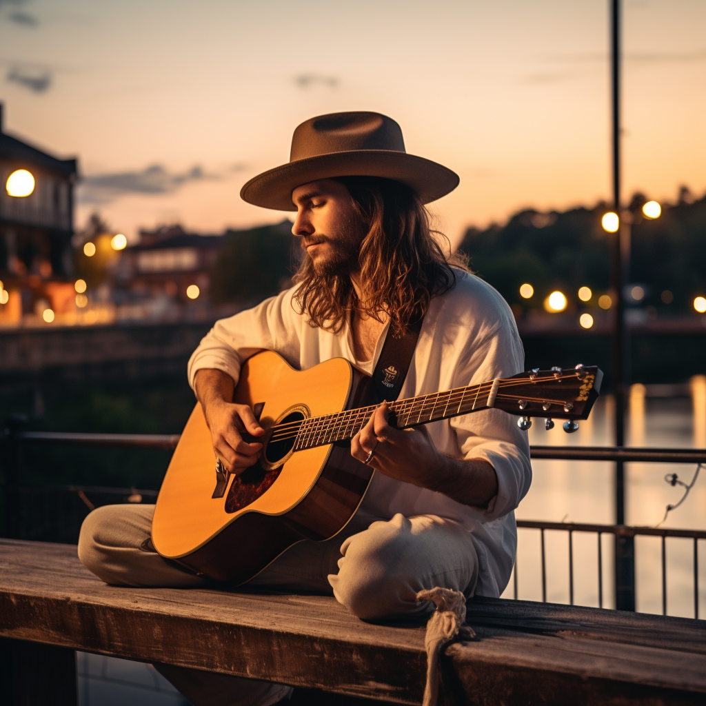 Long-haired boy playing guitar on bridge