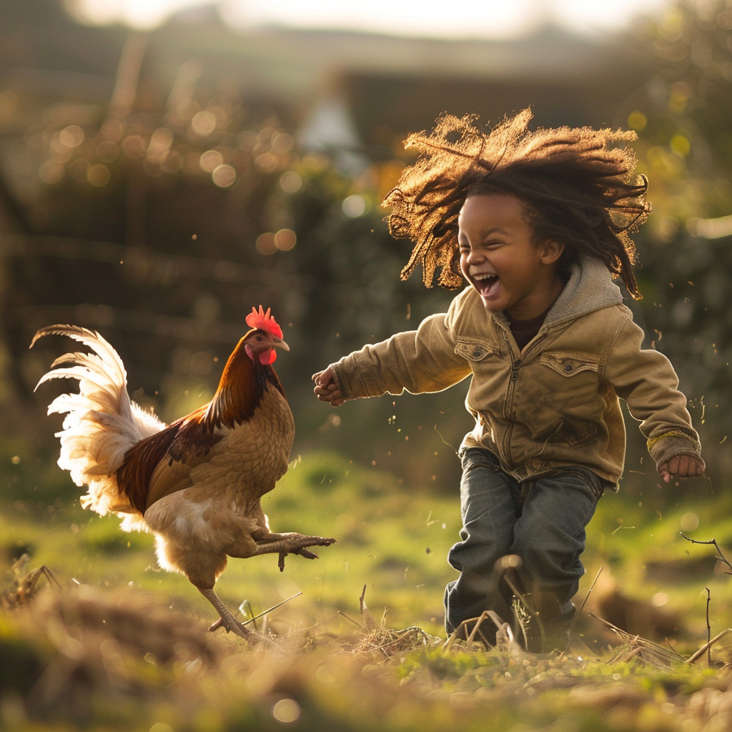 Boy chasing chicken laughing