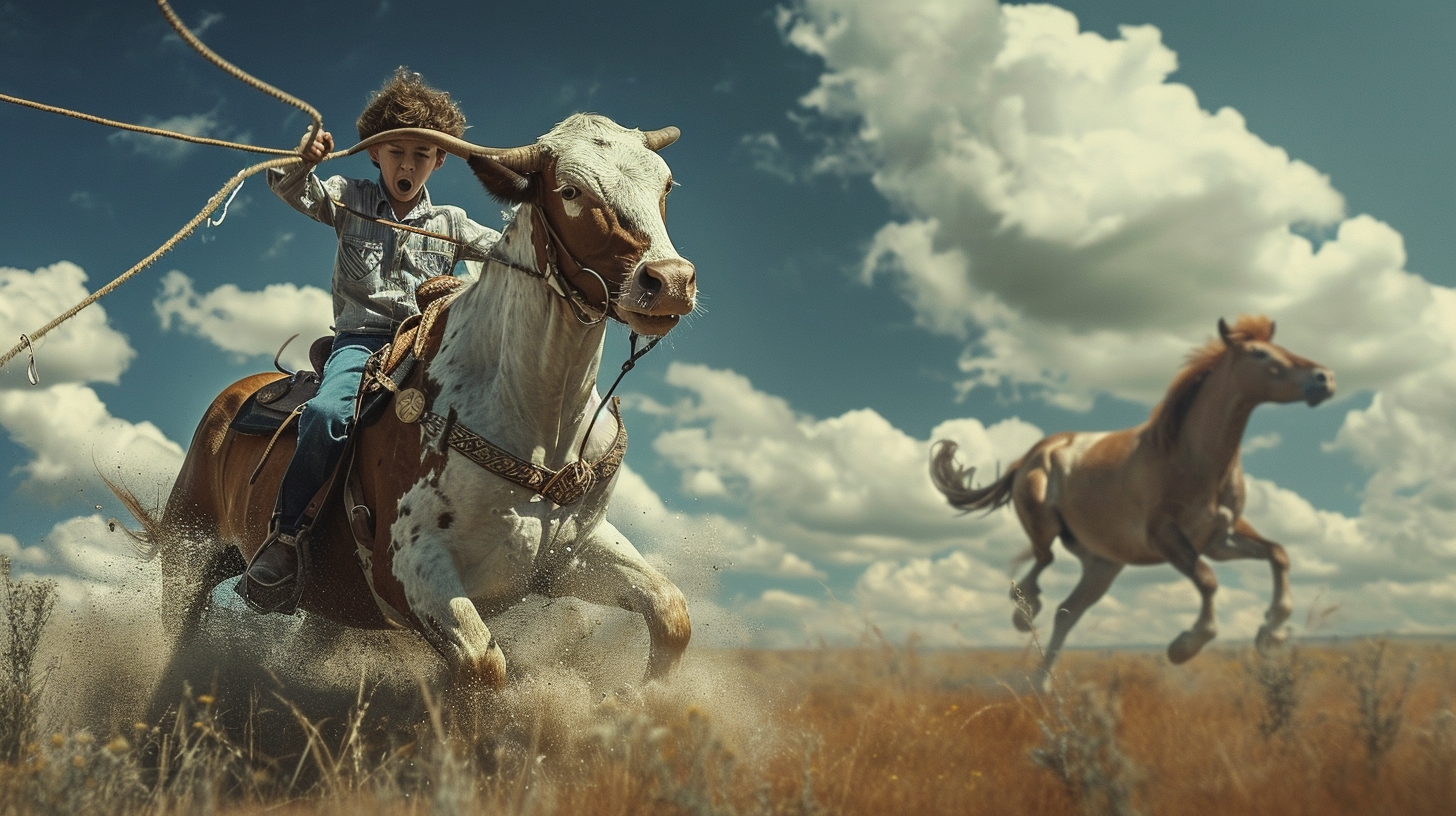 Boy riding horse with cow head