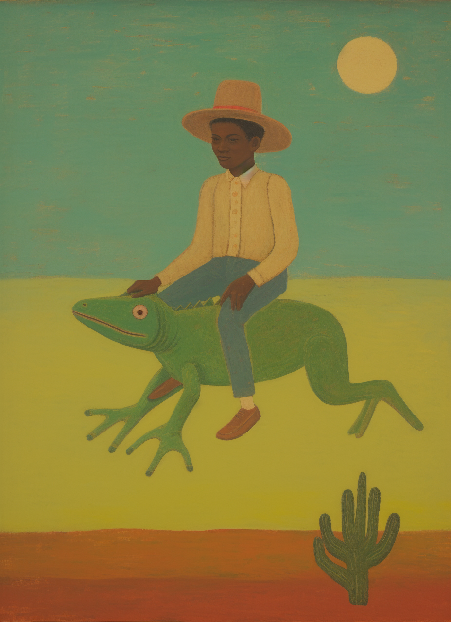 African American boy rides frog in cowboy hat