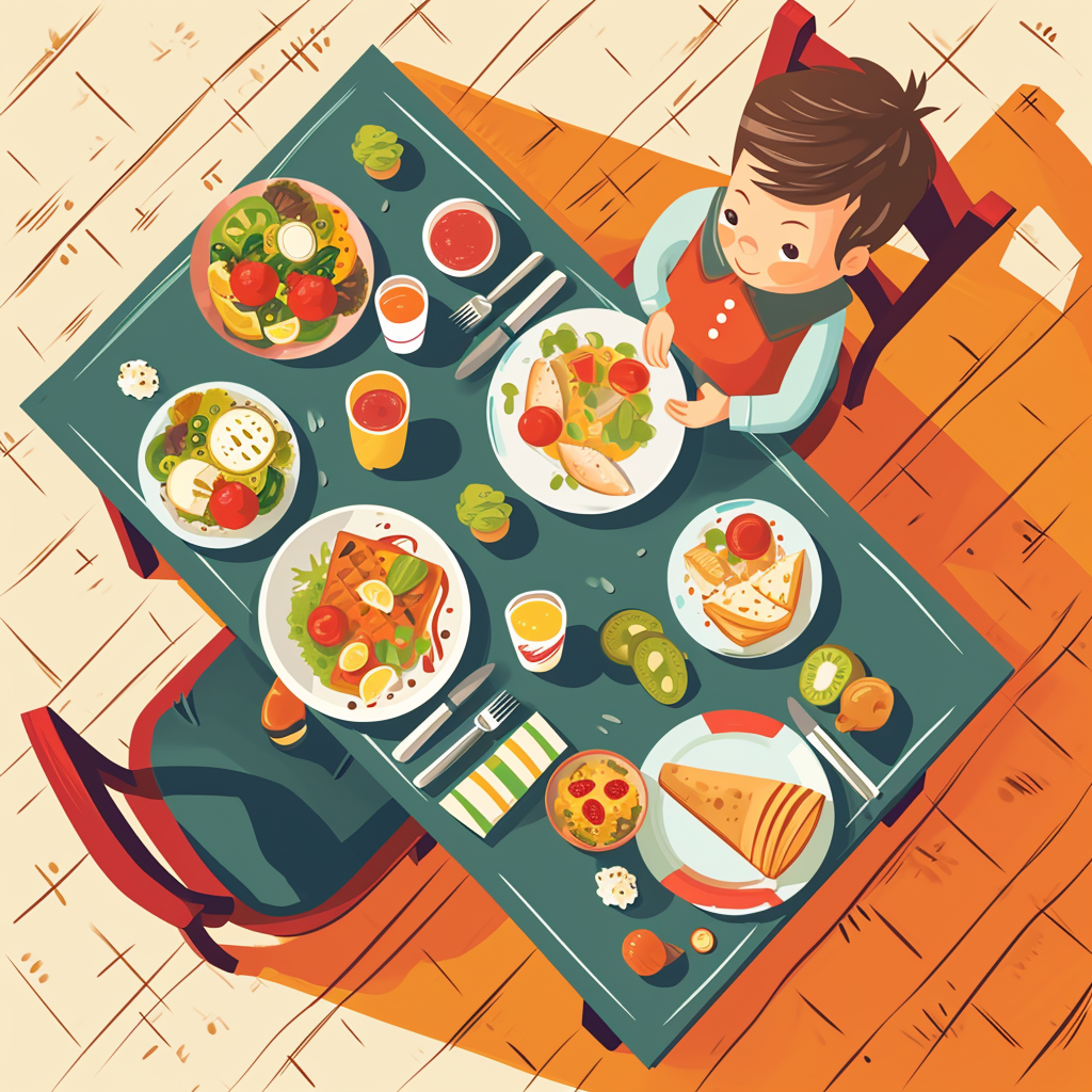 Boy at dining table birdseye view