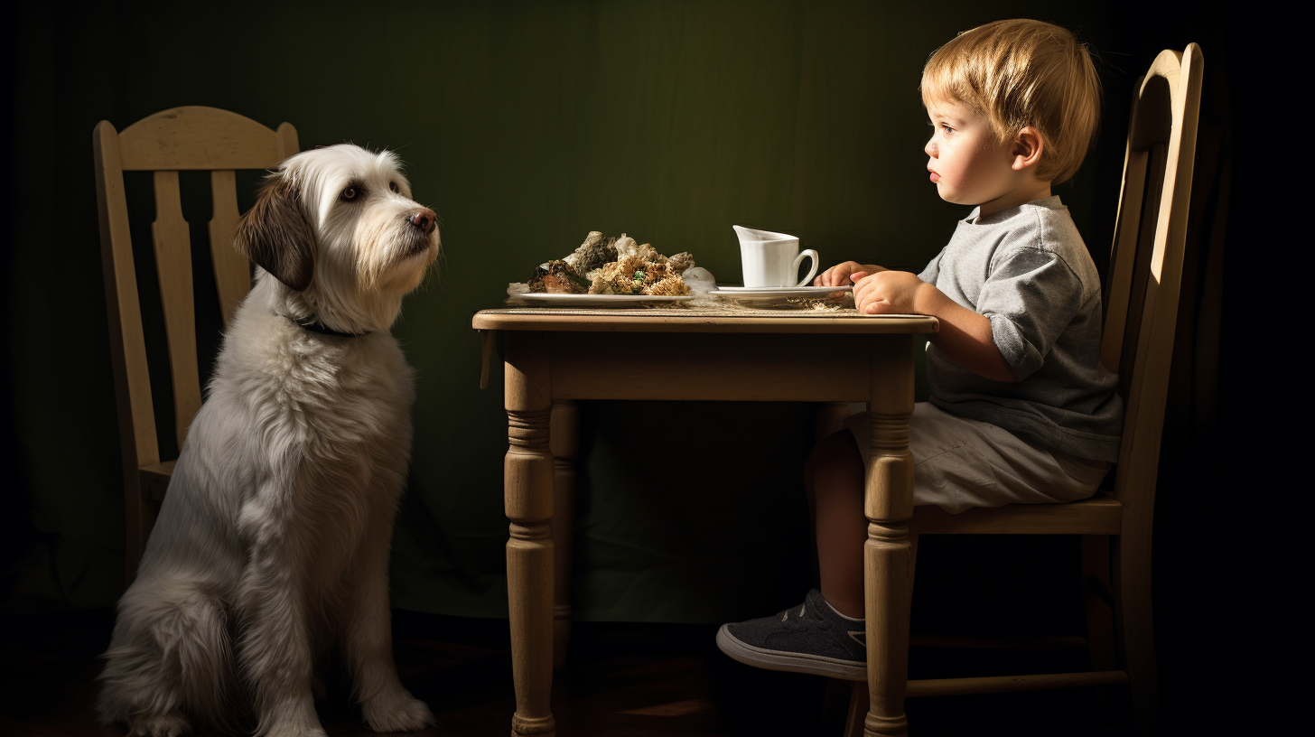 Boy in High Chair with Dog