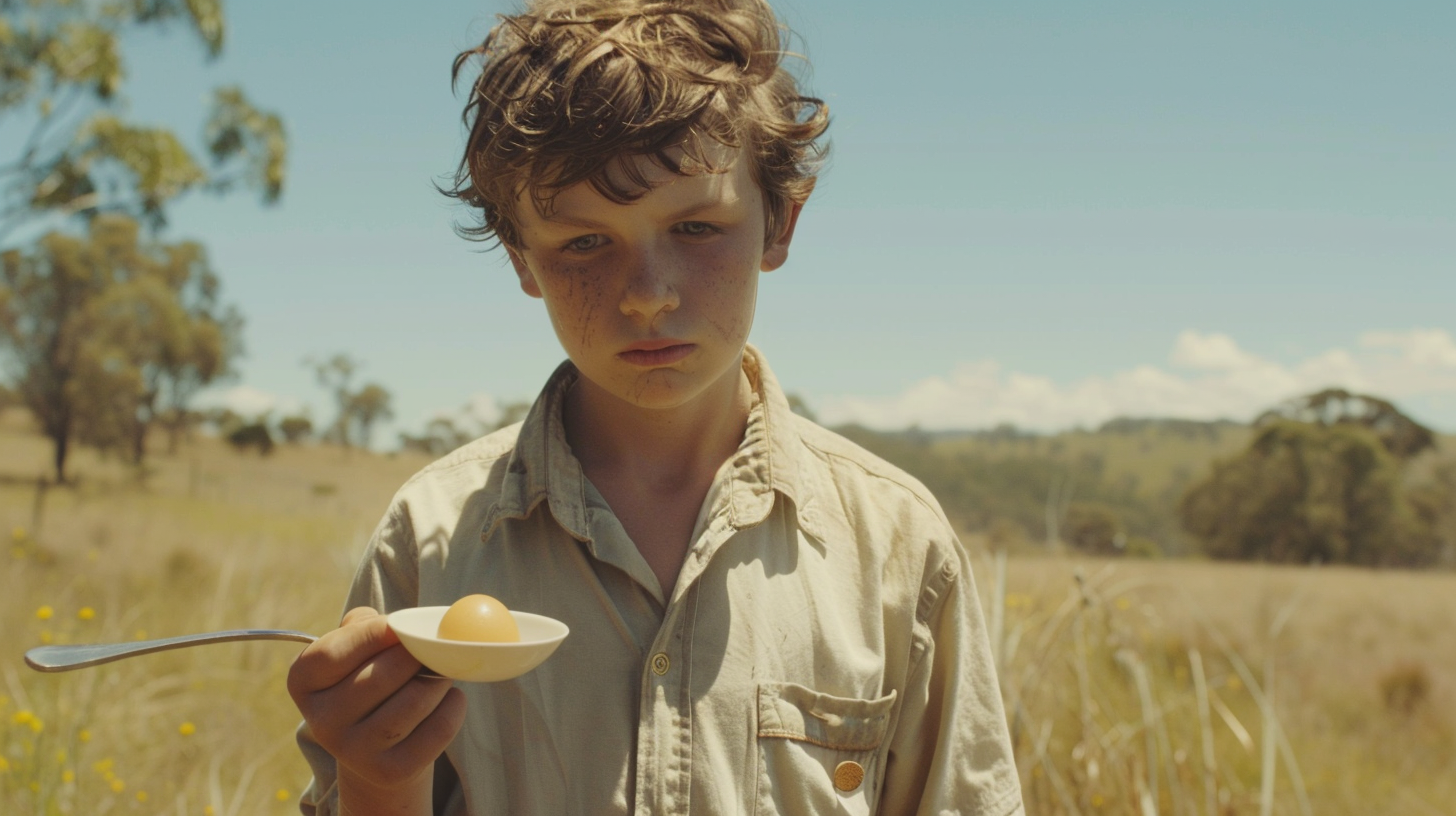 Young boy with egg on spoon