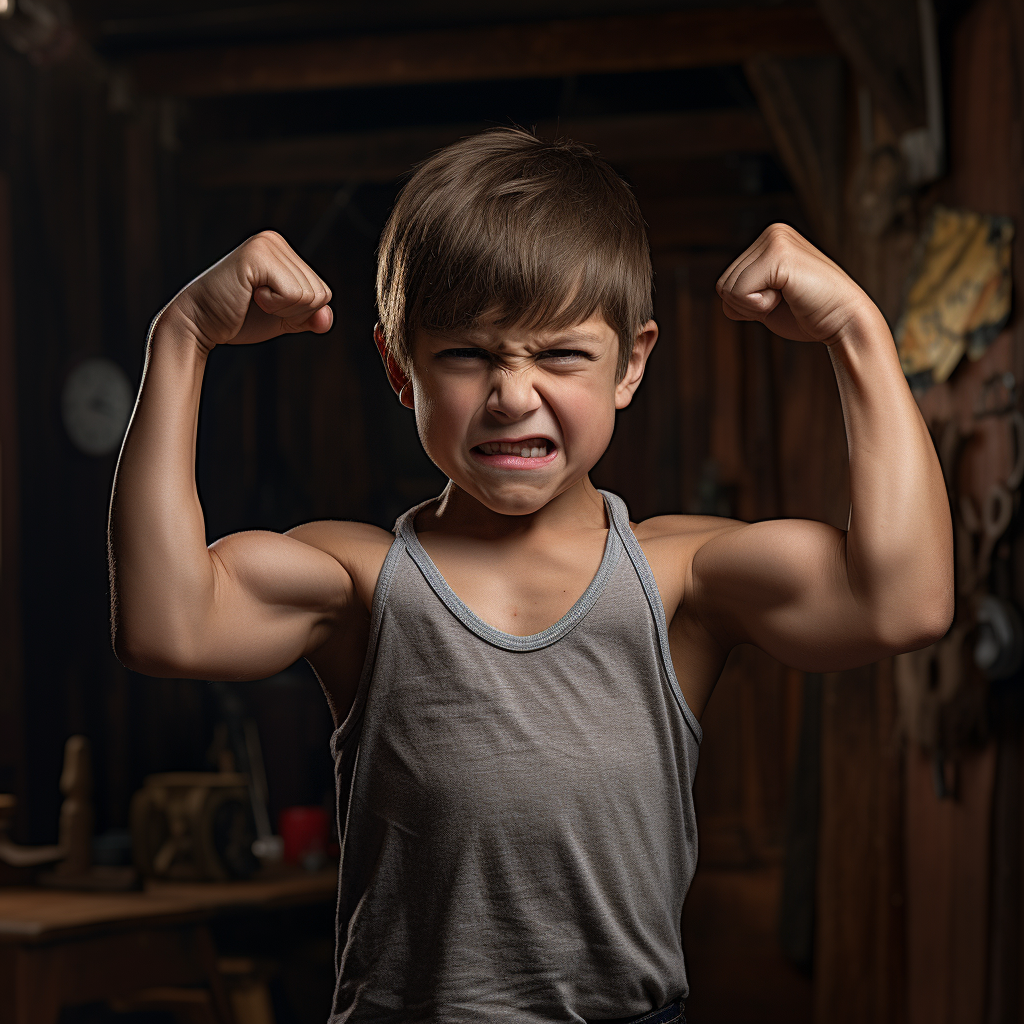 Boy flexing muscles with effort