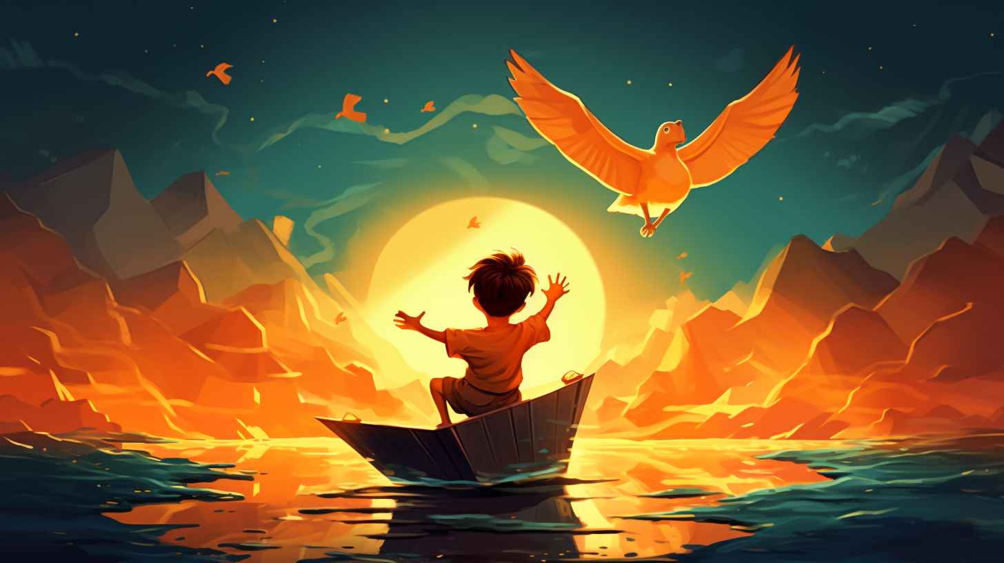 Illustration of boy flying with duck