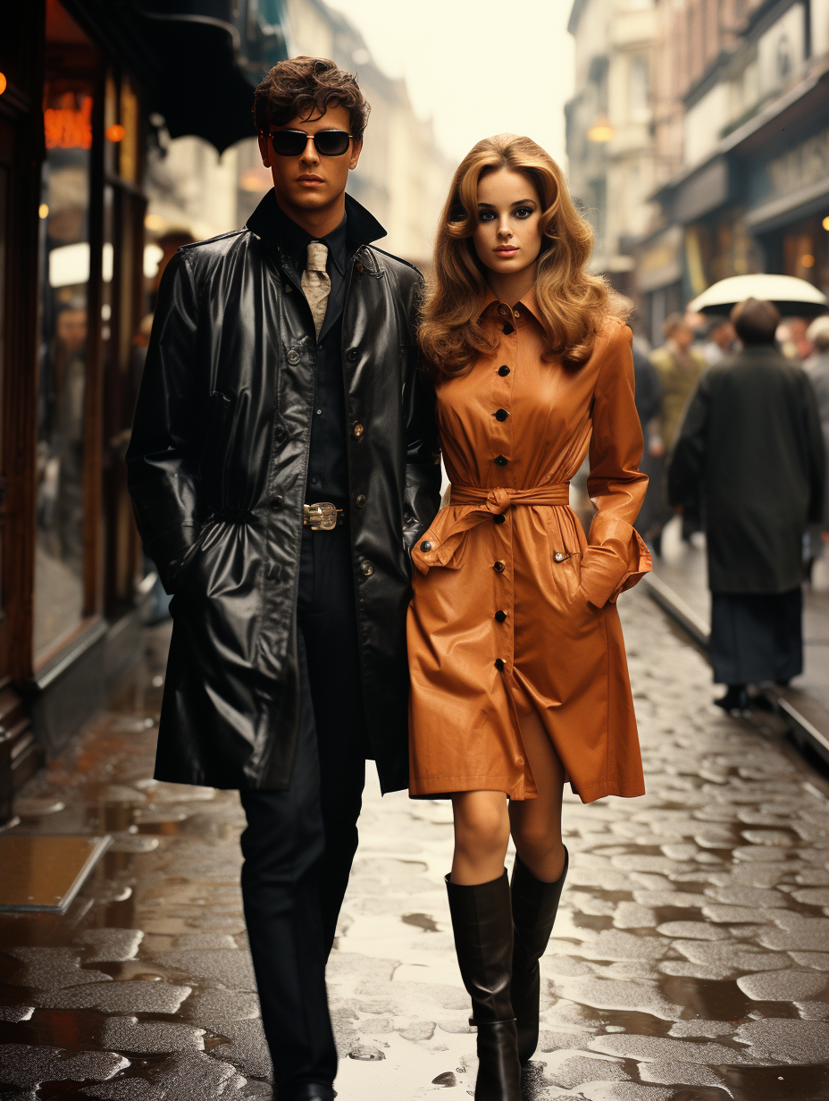 Boy and girl in 60's youth fashion on London street