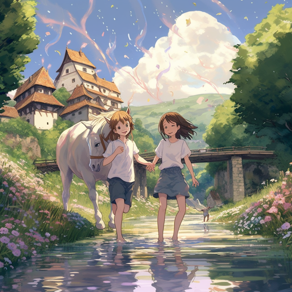 Two Kids Playing with Unicorn in Beautiful Meadow