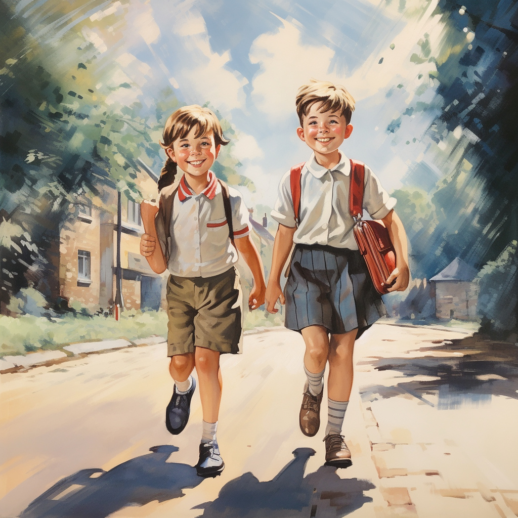 Smiling boy and girl walking to school