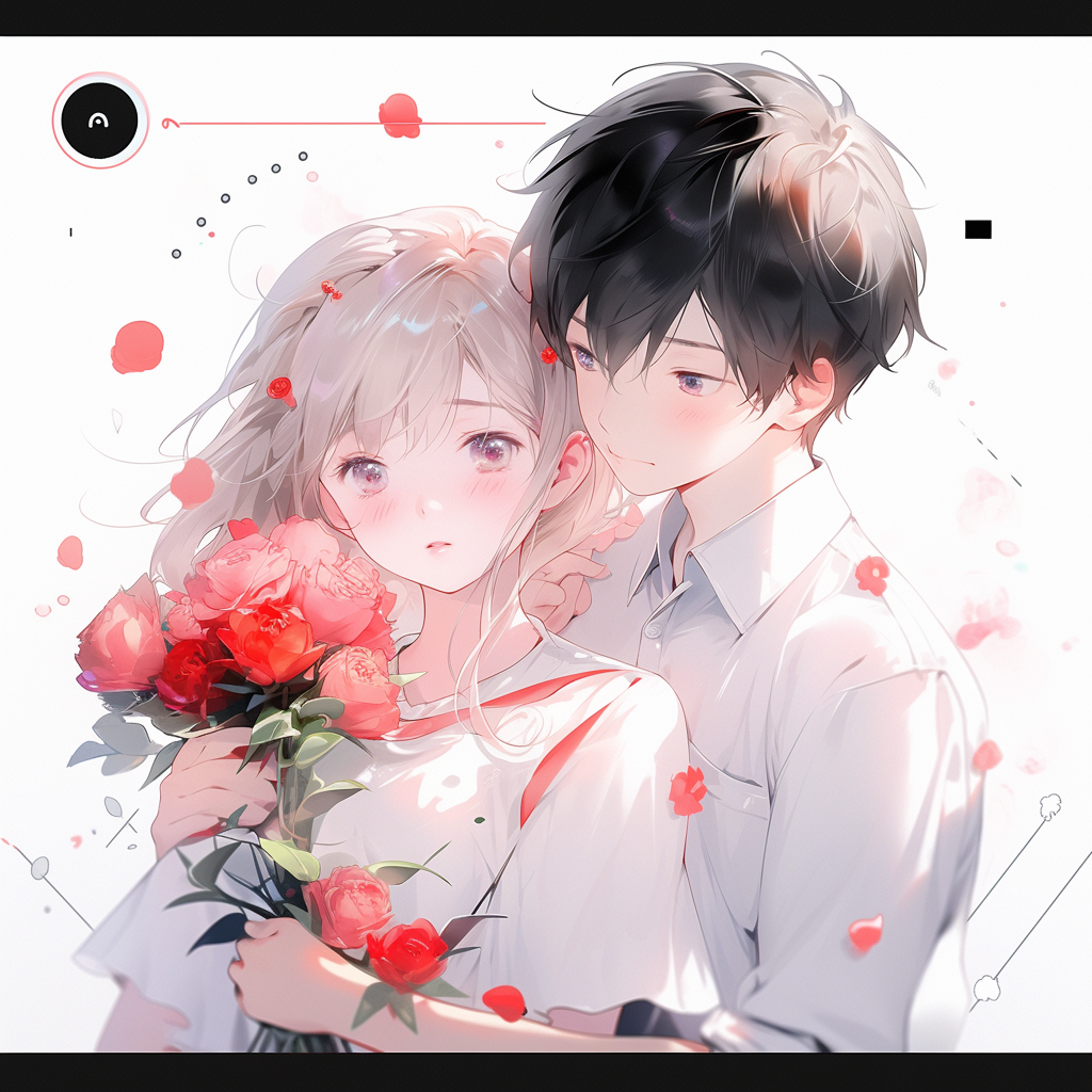 Boy giving girl roses with 3D icons on white background