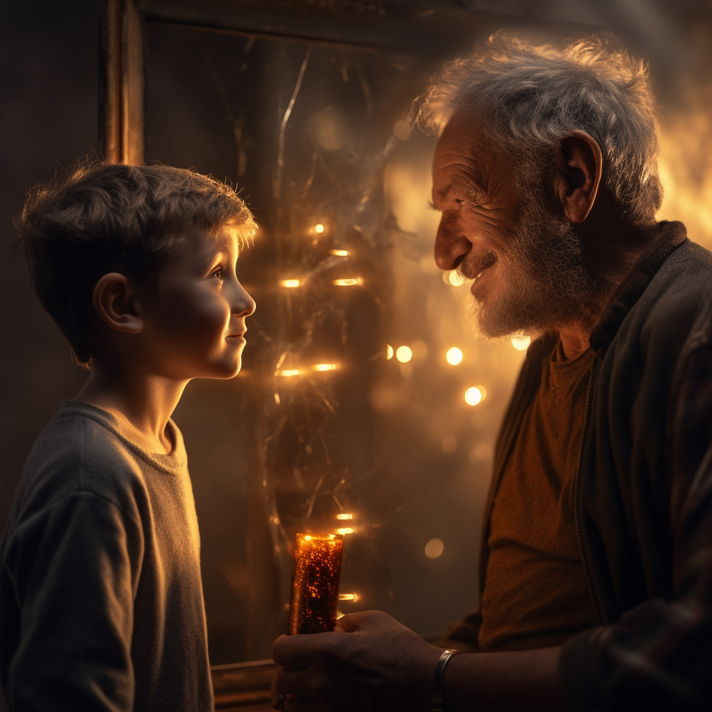 Boy looking at glass reflection