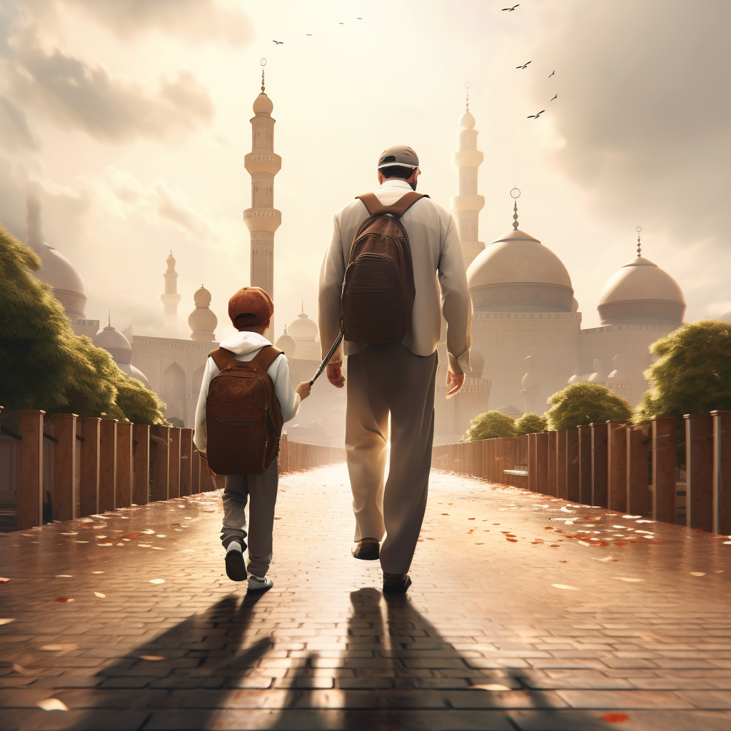 Boy going to mosque with father