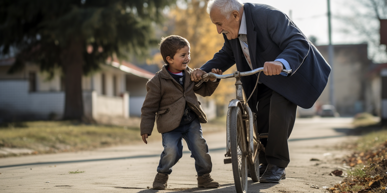 Young boy helping fallen grandpa in Bulgaria