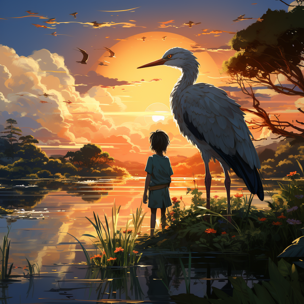 Illustration of a boy and a heron