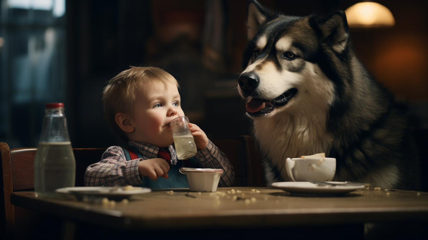 3-year-old boy in high chair with dog