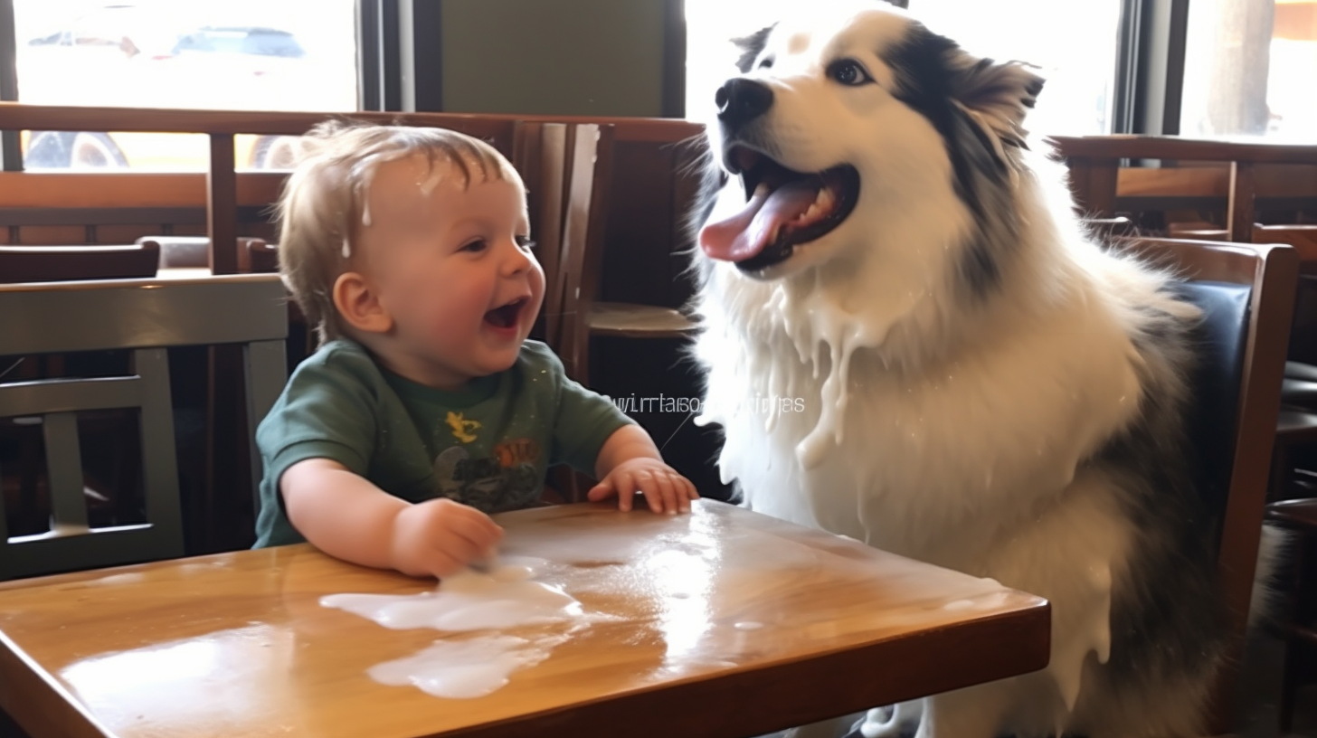 Boy, Dog, Mom, Friends in Tavern