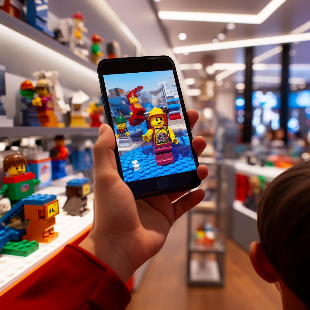 Boy holding cellphone in Lego Store