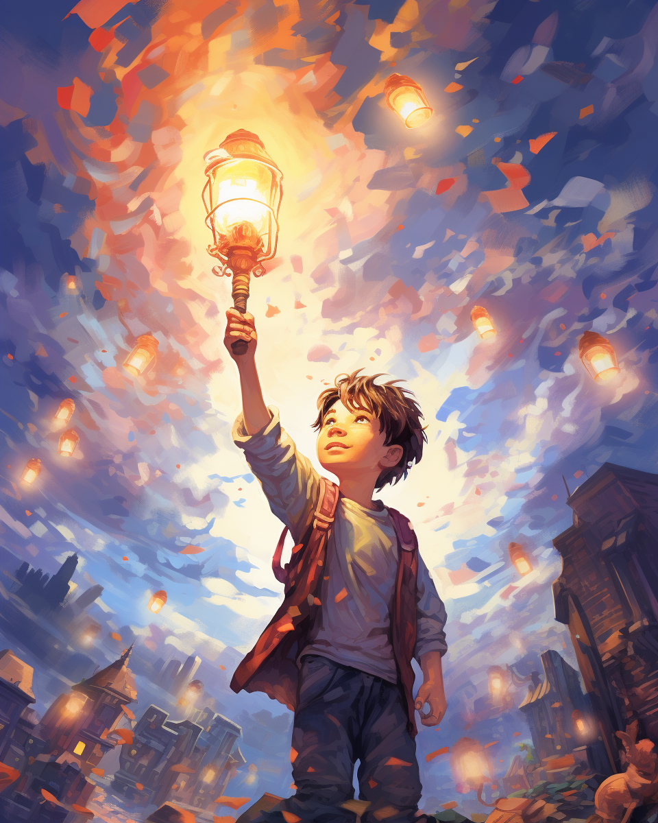 Young boy holding lantern in sky