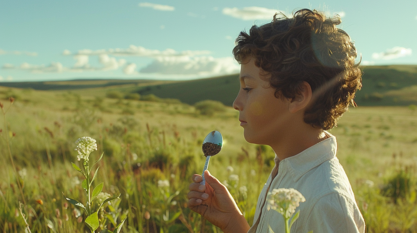 Boy holding spoon in landscape