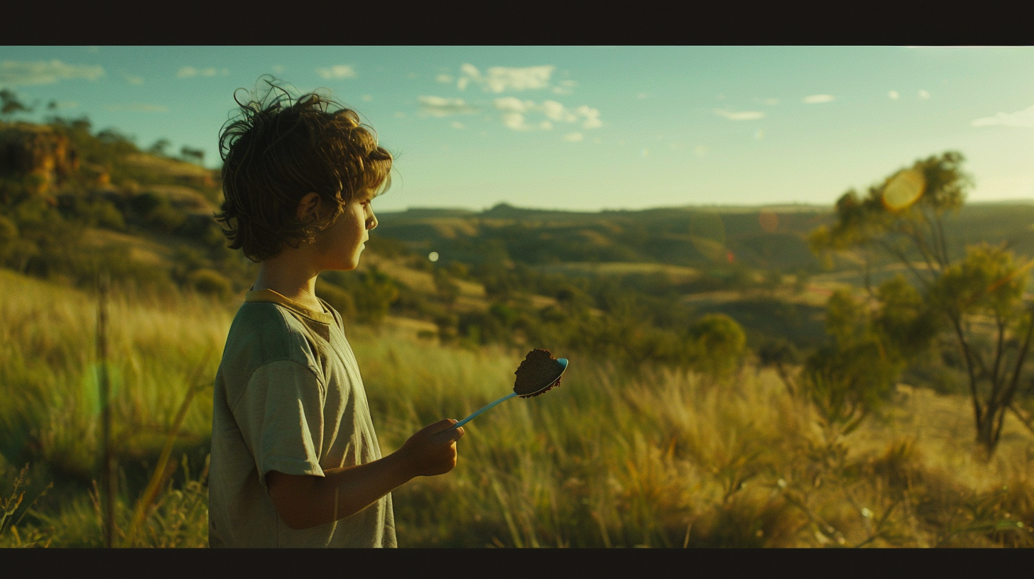 boy holding spoon in landscape