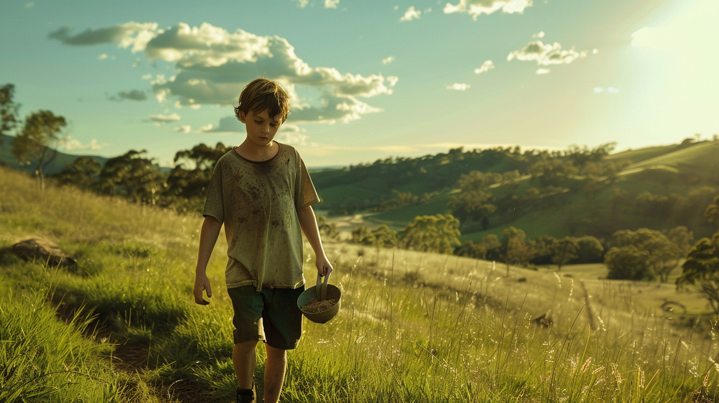 Boy holding dirt spoon landscape