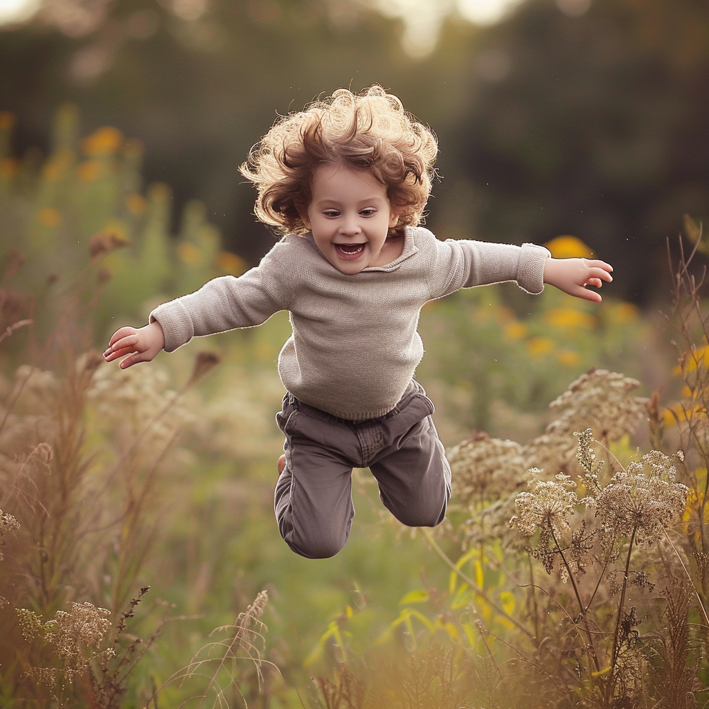 3-year-old boy jumping with brown hair