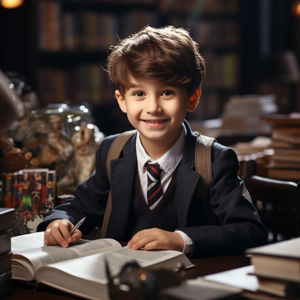 Boy Learning English in Library