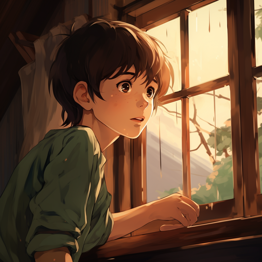 Boy Looking Out Window in Studio Ghibli Art