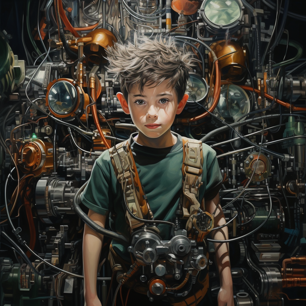 Young boy fascinated by machines