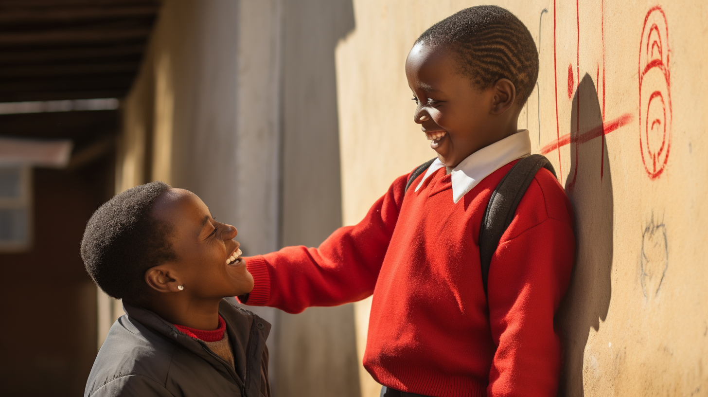 Young boy with mom measuring height in Zimbabwe