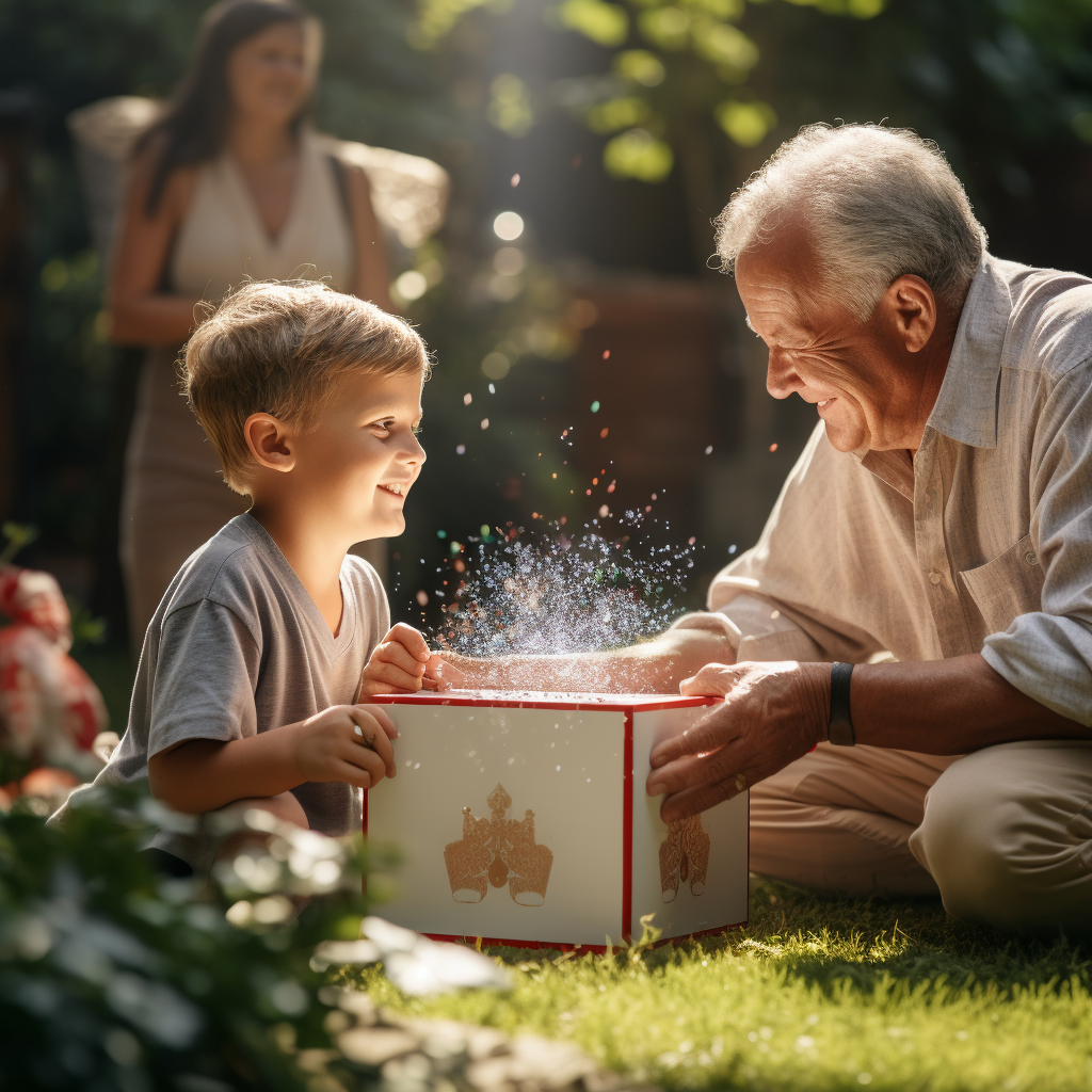 Young boy with excitement opening a gift box from his grandparents