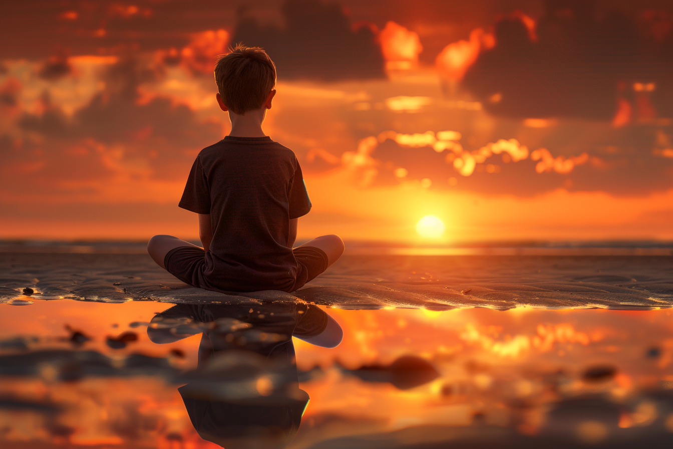 Boy playing videogames at beach