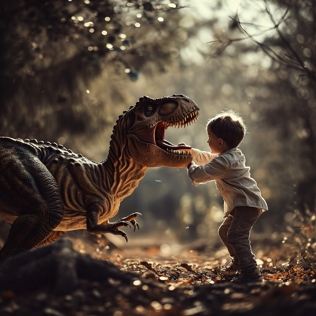 Boy punching T-Rex  action