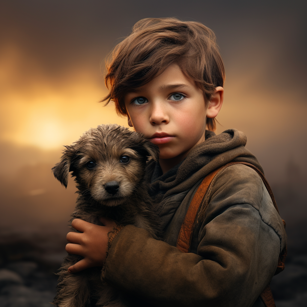 Artistic portrayal of a boy with his puppy