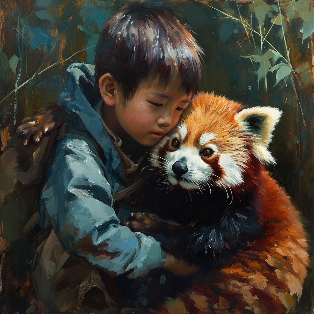 Boy with cute red panda