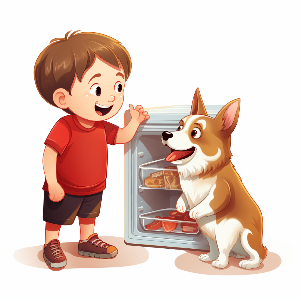 Boy and Corgi searching in fridge