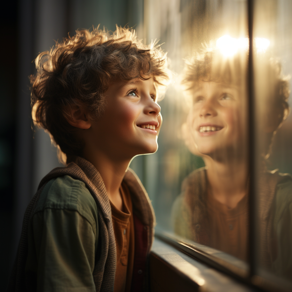 Boy looking in window reflection