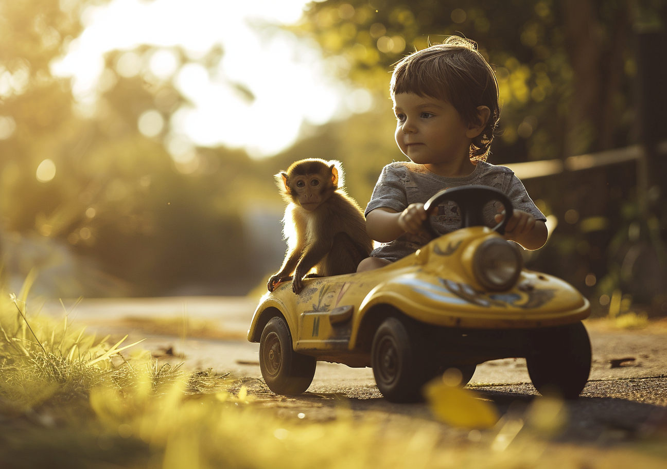 Boy riding adorable banana car