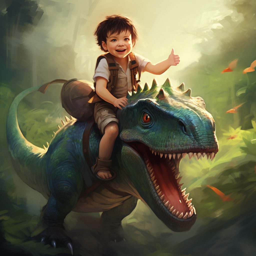 A young boy riding a dinosaur