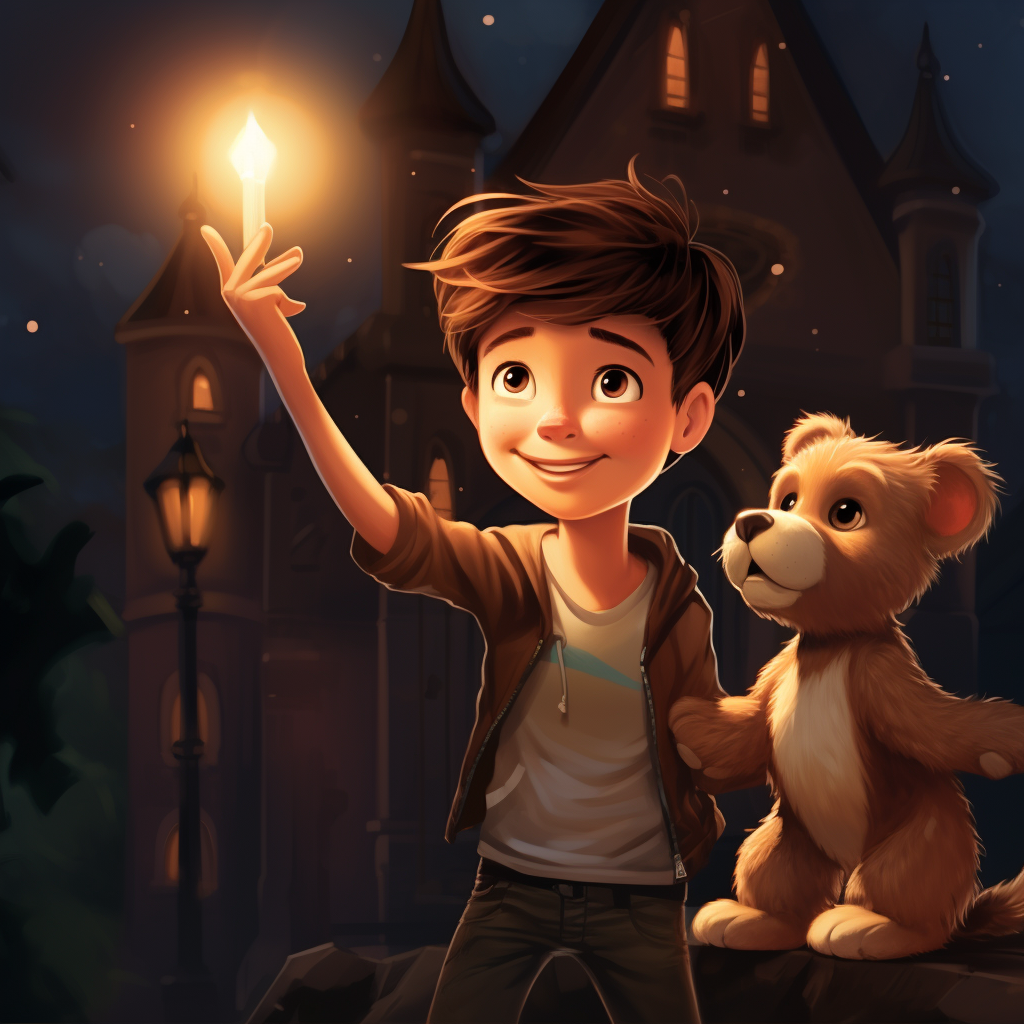 Illustration of a boy with spiked dark brown hair holding a light brown teddy bear, waving hello.