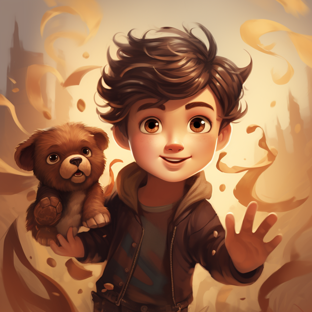 Boy with Spiked Hair Holding Teddy and Waving