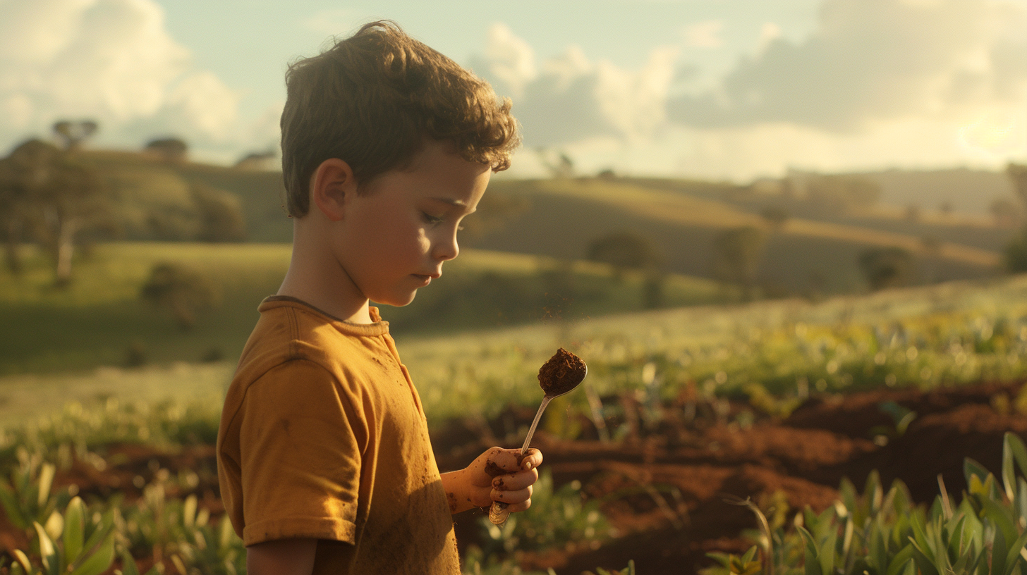 Boy holding spoon in wide shot