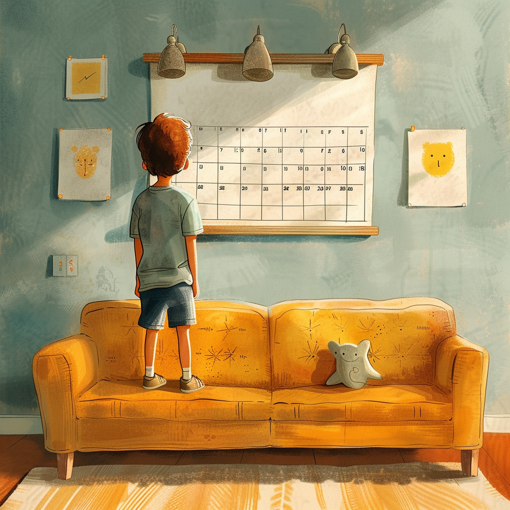 Boy standing on sofa looking at calendar