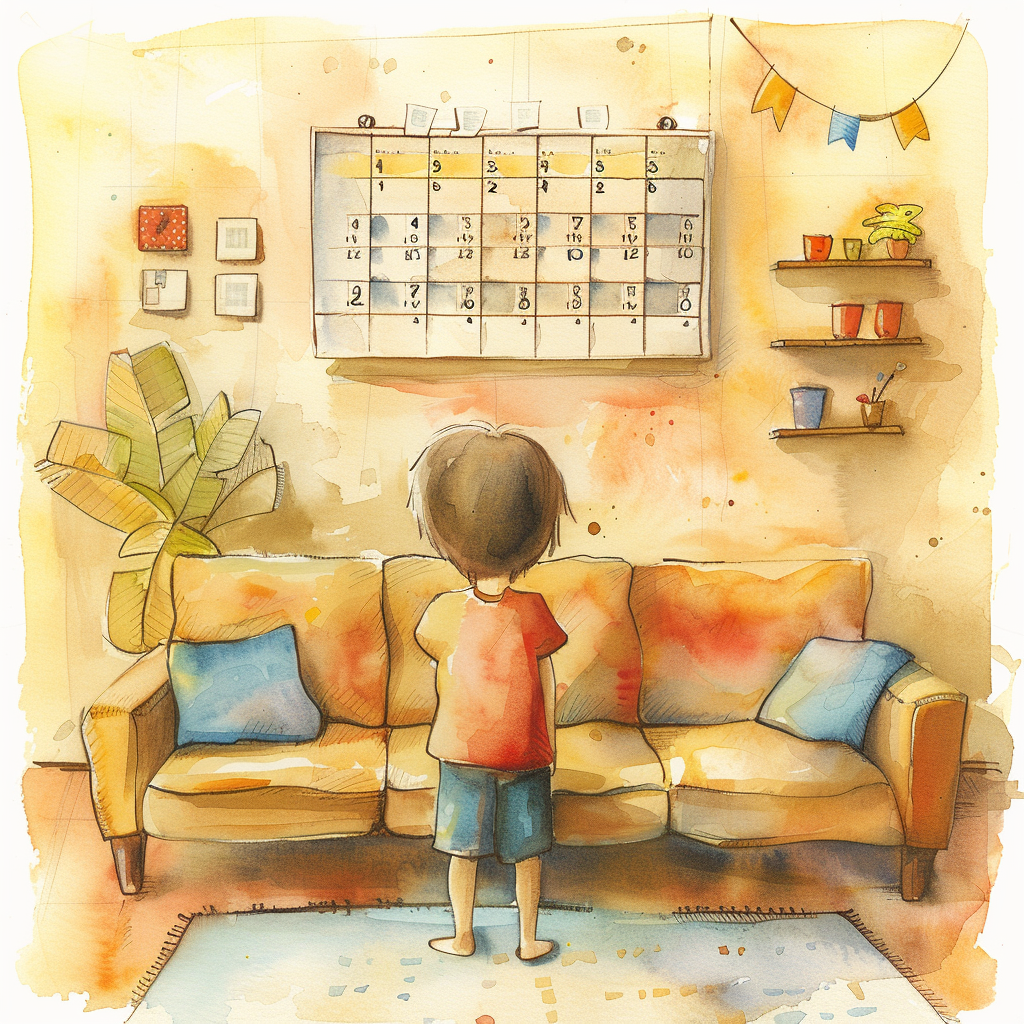 Boy looking at calendar on wall