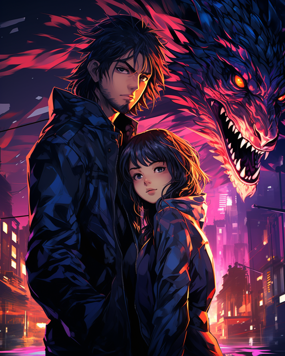 Anime-style boy with supermodel girl and dragon