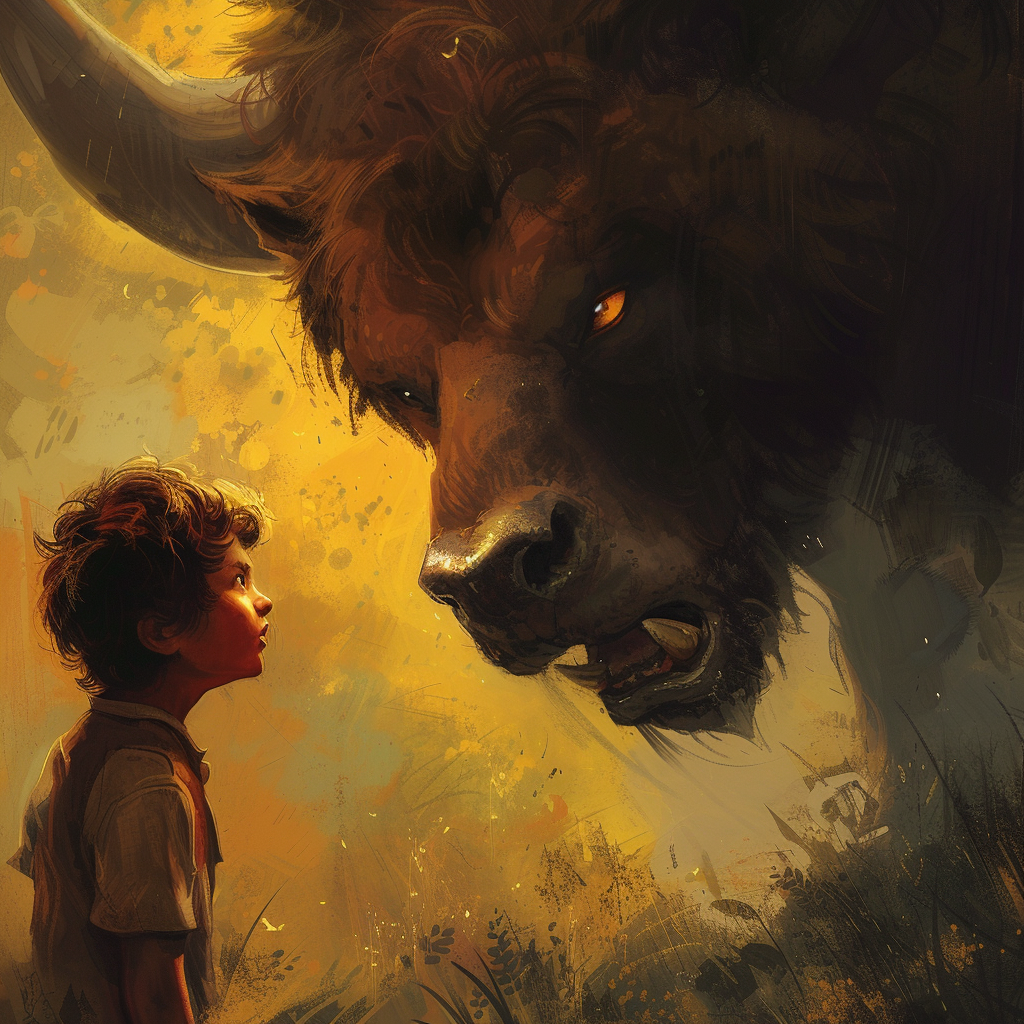 Young boy talking about bull-wolf creature