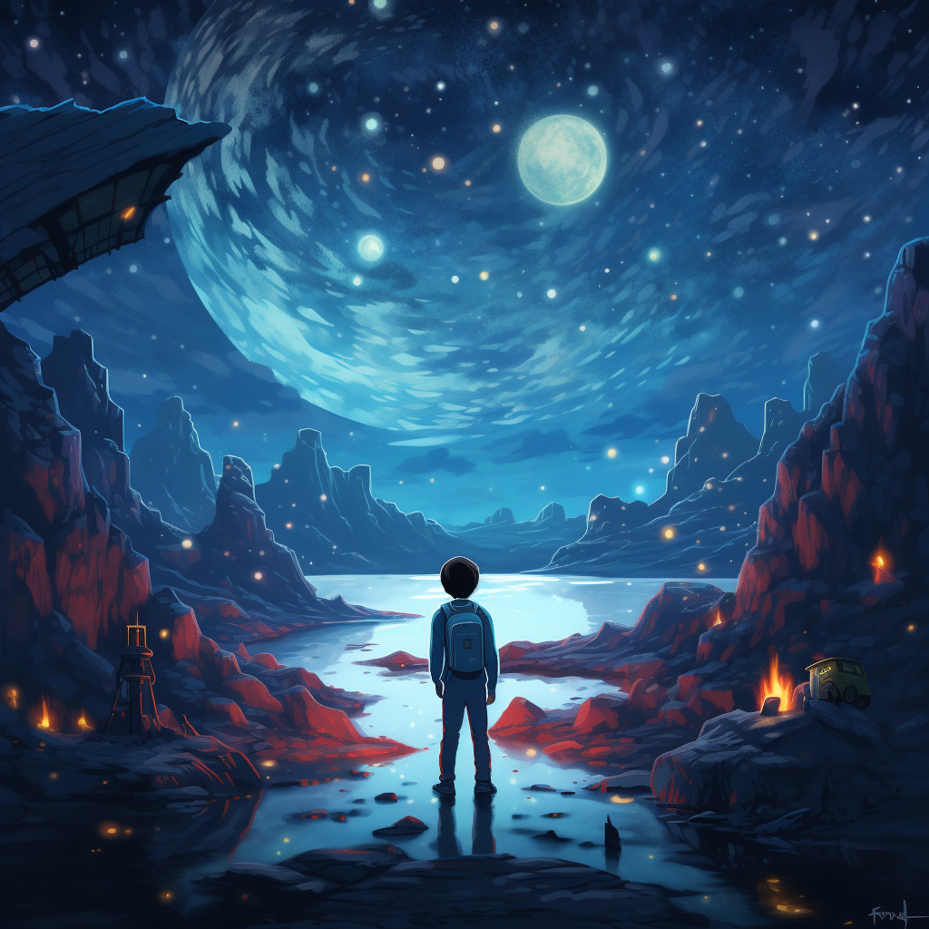 Pixel Art of Boy Traveling Among Stars